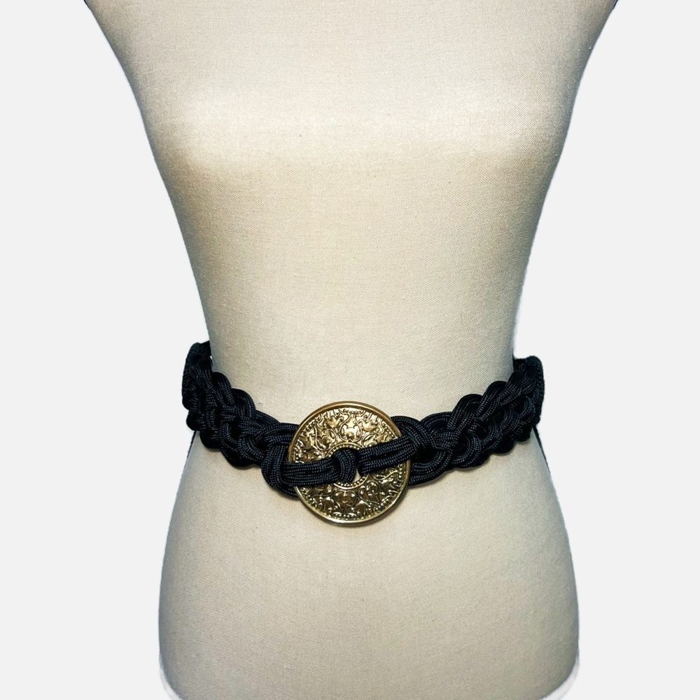 Vintage 90s Braided XL Belt Brass Medallion Stretch Boho Statement